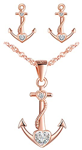Yumilok Damen Halskette Ohrringe Ohrstecker Schmuck Set 925er Sterling Silber mit Herz Anker Anhänger für Damen Kinder