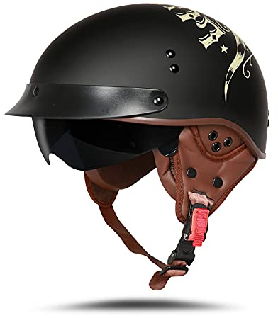 BOSERMEM Casque De Moto Adulte Semi-Ouvert avec Visière, Scooter ATV Sécurité Certifié ECE (Tête De Taureau Chanceux Noir Mat, L 59-60cm)