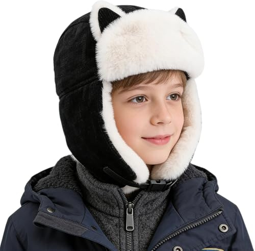 ITODA Enfants Chapka Chapeau d'hiver avec Oreillette Protéger Oreilles Bonnet d'aviateur Russe en Velours Casquette Épais Thermique Chapeau de Ski Extérieur pour Filles et Garçons 6-14 Ans, Noir