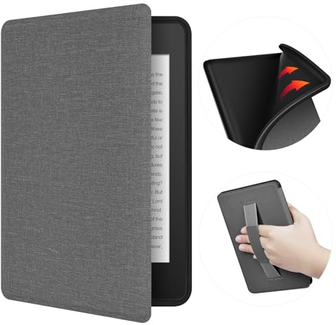 ERUNTO Hülle für 6 Zoll Kindle (Released in 2022 and 2024), TPU Cover mit Stoffstruktur und Handgürtel auf der Rückseite, Magnetische Shell Cover mit Smart Wake-up/Sleep-Funktion(Grau)