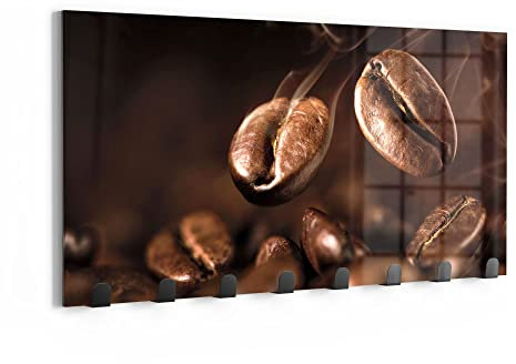 DEQORI Wandgarderobe Glas & Metall | Motiv Duftende Kaffeebohnen | 60x30 cm | Design Haken-Leiste modern | Garderoben-Paneel für Flur, Wohnzimmer & Schlafzimmer | magnetisch & beschreibbar