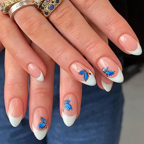 JUSTOTRY 24 Stück Schmetterling Mandel Nägel Zum Aufkleben Kurz,Milchig Weiß French Press on Nails,Pretty Nude Stiletto Kunstnägel Fake Nails,Fingernägel Künstliche Nägel Mittel für Frauen