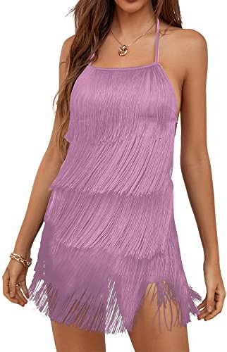 LYANER Damen Sexy Fransen Neckholder Taille Raffhalter Ärmellos Strampler Jumpsuit Playsuits, Flieder, Small
