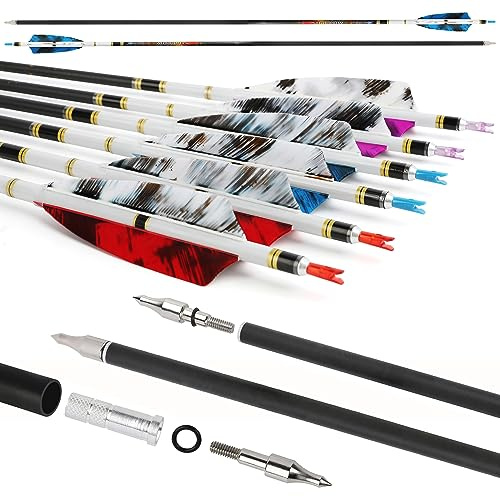 surwolf 31 Zoll Carbonpfeile Bogenschießen Jagdpfeile Spine 250 300 350 400 500 600 mit natürlichen Feder für Compound und Recurve und Langbogen 6/12 Stück (Spine 500, blau, 12 stück)