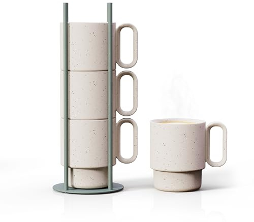 Libken Juego de tazas de café apilables de cerámica con estante de metal, 11.75 x 3.94 x 3.94 pulgadas, juego de 4 tazas de café con 1 soporte, aptas para lavavajillas, diseño minimalista escandinavo,