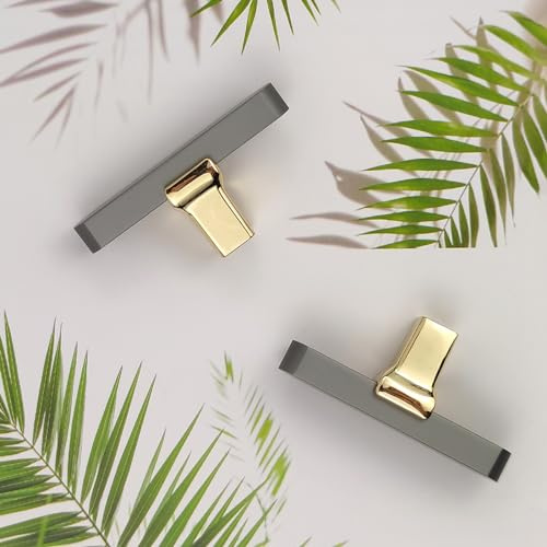 Pexintek 10 Pack Gold Grey Modern Kitchen Drawer Handles Solid T Bar Knobs | Cupboard Cabinet Wardrobe Dresser Furniture Door Elegant Pulls for Bathroom Study Bedroom, Resist Fingerprint, Include Screws
