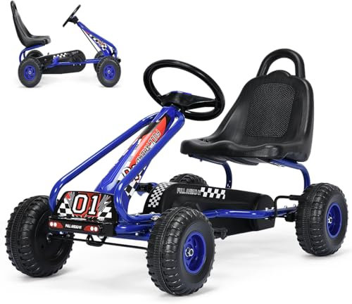 SOARS Gokart, Tretauto mit verstellbarem Sitz & Fußpedal, Go Kart mit Handbremse, Kinderspielfahrzeug Vorwärts- und Rückwärtsfunktion, Kinderfahrzeug bis 30 kg belastbar, für Kinder ab 3 Jahren (Blau)