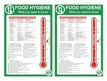 2 x Food Hygiene Posters for Kitchen 297x210mm (A4 x 2) Self-Adhesive Glossy and Wipeable Vinyl Food Safety Signs for Restaurant/Hotel Kitchen/Health and Safety Signs for Food Temperature Control