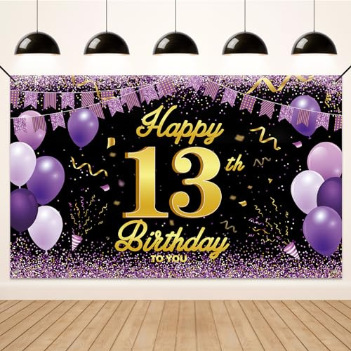 Koliphy Pancarta 13 Cumpleaños, Decoracion 13 Cumpleaños para Niños y Niñas, Tela Pancarta de Fiesta Cumpleaños para Interiores y Exteriores, 180 x 110cm(Negro Morado)