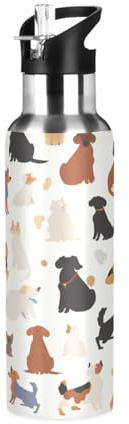 Niigeu Dibujos Animados Lindos Perros Mascotas Botella de Agua Deportiva con Pajita Acero Inoxidable, Botellas Termica Sin BPA para Niños Deporte Gimnasio Ciclismo Escuela (600ml/1L)
