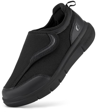 FitVille Mens Extra Wide Fit Diabetic Shoes with Adjustable Strap Easy Close Walking Trainers for Swollen Feet Plantar Fasciitis, Black, 9.5 UK Wide