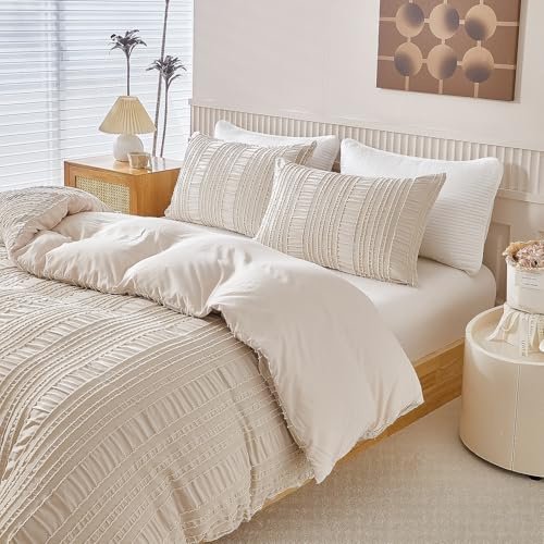 YASMENG Seersucker Bettwäsche 135x200 Beige Gestreift Getuftet Sommer | Seersucker Bettwäsche Boho Weich Atmungsaktiv Mikrofaser Bettbezug Set 2teilig mit Reißverschluss und 80x80 cm Kissenbezug