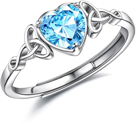 JeweBella Anillo Corazón Plata de Ley 925 Ajustable con Piedra de Nacimiento - Alianzas de Compromiso y Boda para Mujer con Caja de Regalo