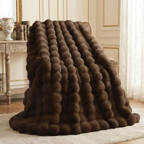 L'AGRATY Faux Rabbit Fur Blanket: 60 x 80 Twin Luxury Soft Fluffy Thick Fur Throw Blanket for Couch Bed Sofa - Cozy Plush Bubble Blankets for Winter: Flannel Fleece Decorative Blanket(Cocoa Brown)