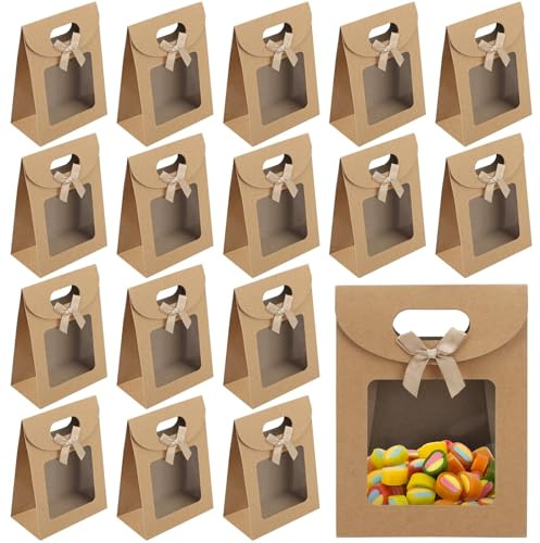 20 Stück Geschenktüte mit Fenster, 16 * 12 * 6cm Braune Papiertüten, Geschenktüten mit Griffen, Papier Geschenktüten, Papiertüten mit Fenster zum Verpacken von Bankett Geschenken, Süßigkeiten, Keksen