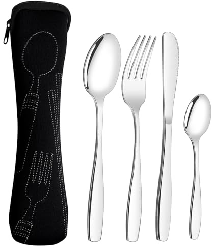 Jandson 4 Pieces Stainless Steel Travel Flatware Set with Black Case, Reusable Camping Cutlery