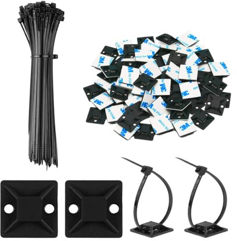 100 Pièces Serre-Câbles en Nylon avec 100 Pièces Supports Adhésifs, Attaches Câbles Réutilisables pour Gestion de Câbles, Colliers de Serrage Plastique pour Bureau, Jardin et Maison (Noir)