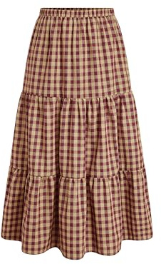 CIDER Gingham Tiered Maxi Skirt Long Skirts for Women A Line High Waist Flowy Skirt Casual Woven Midi Skirt Wine
