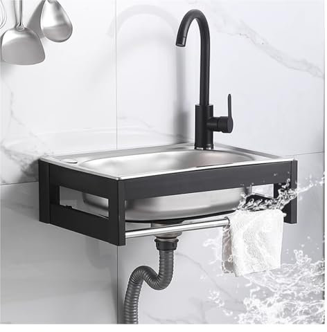 GLJTUO Kommerzielles Handwaschbecken Zur Wandmontage, Einfache Küchenspüle Mit Wasserhahn, Einzelbeckenspüle Aus Edelstahl, Kleine Spülecke Für Die Waschküche Im Keller,Silver-A-48x35x16cm