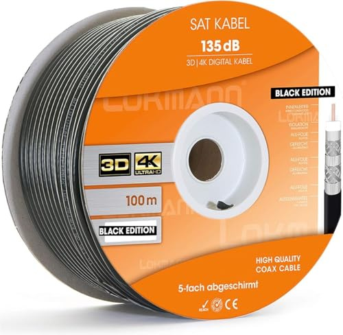 Schwarz 100m Koaxialkabel 135dB Sat Stahl-Kupfer Antennenkabel 5-Fach Kabel | Verlegekabel für DVB-S/S2, DVB-C, DVB-T, 4K/8K Ultra HD