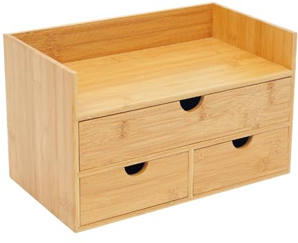 OUBUBY Schreibtisch Schubladenbox mit 2 Geschlossenen A4-Fächern Schreibtisch Organizer aus Bambus, Schmuck-Organizer Kosmetik Organizer 34×20×18 cm für Kleinigkeiten (3 Schubladen (2))