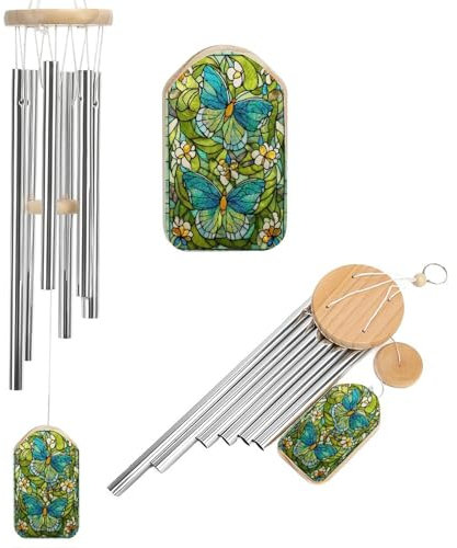 Scacciaspiriti in vetro colorato, con farfalle, color lime, verde menta, con 6 tubi in alluminio, decorazione da giardino