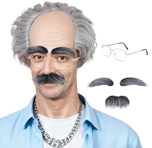 FOUNSHO Alter Mann Perücke Kostüm Brille Augenbrauen Bart Lustige Perücken | Grau Haar Opa Kostüm Perücke Herren, Glatzen Perücken Halbglatze Perückenkappe Glatzkopf Herren Latex Kahle Kappe Halloween