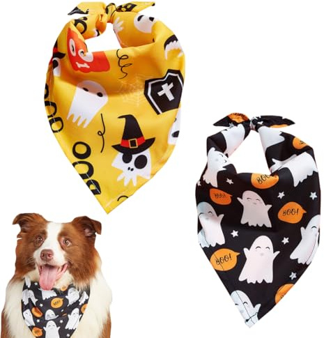 GGUFAY Halloween Halstuch Hund, 2Pcs Einstellbare Dreieck Hundehalstuch mit Totenköpfe Geister-Muster, Hundekostüm Halloween für kleine mittlere große Hunde