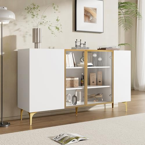 FammyLoft Sideboard Wohnzimmer mit 4 Türen, Modern Wohnzimmerschrank mit Glas & Metall, Esszimmerschrank für Wohnzimmer, Esszimmer & Flur, Grifflos Design, Weiß