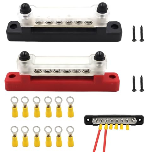 150A 12V Bus Bar, 2PCS Studs Power Distribution Terminal Block,12V-48V Bus Bar Terminal Block, 48V DC Car Boat Marine Solar System Black Red