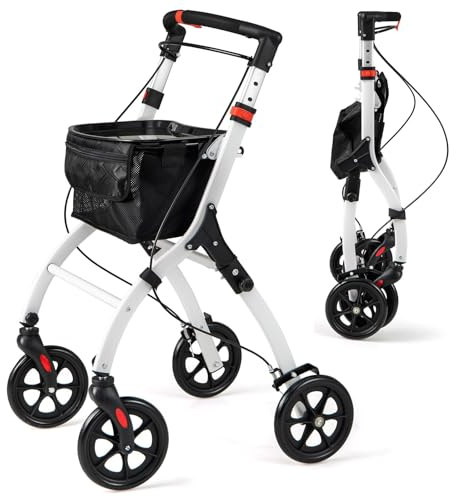Déambulateur pour personnes âgées et adultes, aide à la mobilité pliable avec siège, dossier, panier et roues de 20,3 cm pour l'intérieur et l'extérieur