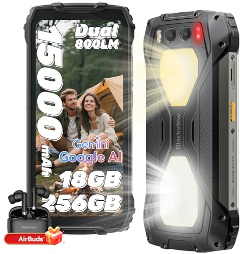 Blackview BV7300 Téléphone Portable Incassable, 15000mAh Téléphone Incassable 538g, 256Go+18Go/TF 2To, 50MP+20MP Vision Nocturne, 700Nits Telephone Android 14, Fingerprint/Double Lampe de Camping/NFC