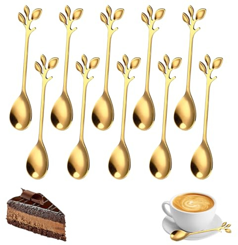 10 Pcs Gold Coffee Spoon, Rose Leaf Handle Small Long Spoons for Latte Glasses,Tea,Espresso,Dessert, Cute Stainless Steel Ice Cream Spoons Set for Demitasse,Coffee Bar,Honey (12cm/4.7)