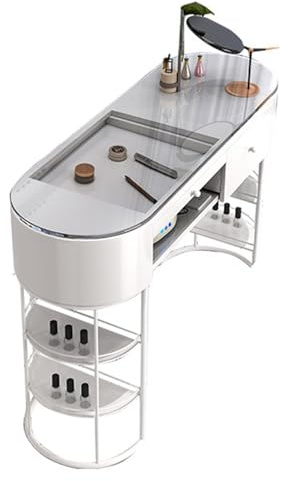 Stilvolle Maniküre-Tischstation für Nageltechniker, funktionaler Schminktisch mit Schubladen und offenen Regalen, ideal für professionelle Nagelstudios und Einzelhandelsräume