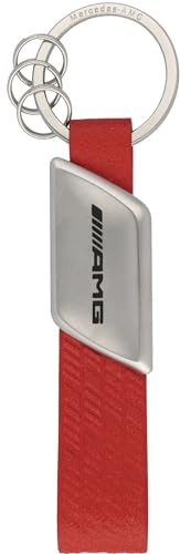 Mercedes-Benz AMG Schlüsselanhänger, Rot, Edelstahl/Italienisches Apfelleder (Vegan), mit Flachspaltring und 3 Minispaltringen, 11 cm