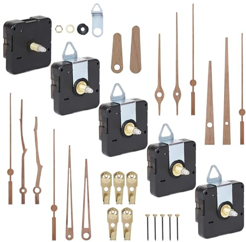 EFUTURETIME Pack de 5 Mecanismo Reloj de Pared Silencioso con Eje de 20 mm | Agujas de Madera de Nogal, Adecuados para Esferas del Reloj de 7 a 9 mm de Grosor (pilas no incluidas)