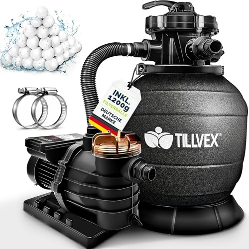 tillvex Depuradora de Agua para Piscina con temporizador 13.200L/h hasta 40.000L + 1200g Bolas de Filtro - 7 Funciones de Filtrado & Adaptador 2en1 Ø32-38 mm - Bomba de Filtro de Arena con Válvula