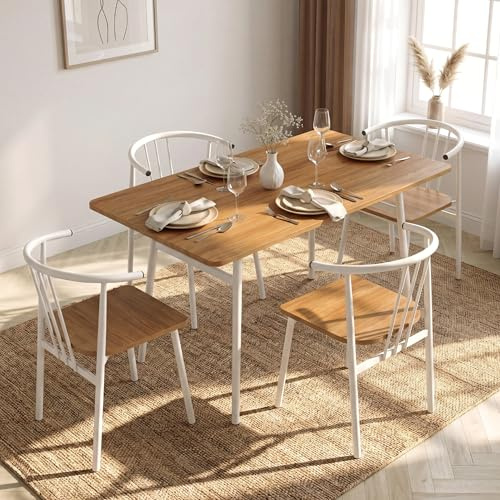Blisswood 4 Seater Dining Table and Chairs Set with Armrests, Industrial 5 Piece Rectangular Kitchen Table with Metal Legs, Space Saving for Small Spaces, Dining Room, Home Apartment, White&Oak, 110cm