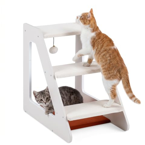 COSTWAY Scaletta a 3 Gradini per Gatti di Piccola Taglia, Scala per Cani | Pedana Antiscivolo in Legno con Trespolo e Pompon, Rampa con Superficie Imbottita di Spugna, per Salire a Letto o Divano