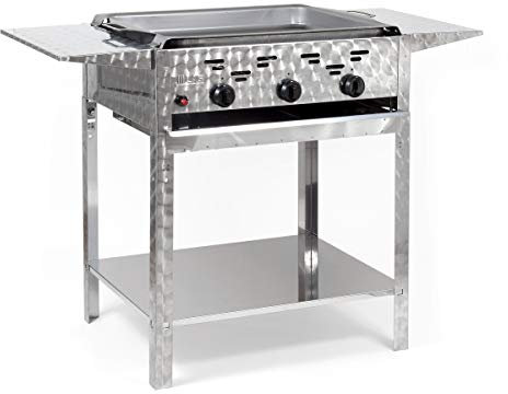 Gasbräter 11kW 3-flammiger Edelstahl-Brenner Standmodell mit Stahlpfanne und Abstellplatten Gasgrill Gastrobräter Profigrill Verein