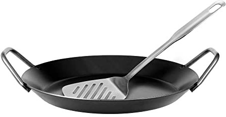 GRÄWE Padella in ferro battuto F 400, Ø 28 cm, padella in ferro con manici, con paletta, resistente al calore a 400 °C, padella in ferro, padella antigraffio non rivestita, adatta a induzione