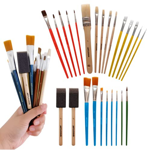 Artlicious Foam Brushes Wood Handle Paint Brush Set - Use with Craft, Watercolor, Oil, Gouache Paints, Face Art, Washable Paints, Miniature Detailing and Rock Painting
