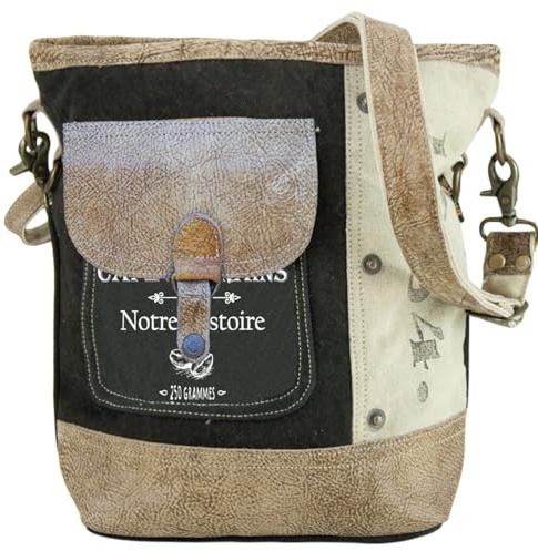 Sunsa Umhängetasche Damen mittelgroß Schultertasche aus Canvas & echt Leder | Handtasche mit vielen Fächern Vintage Tasche in beige/schwarz Arbeitstasche DIN A4 Frauen Crossbody Bag Damentasche Shopper