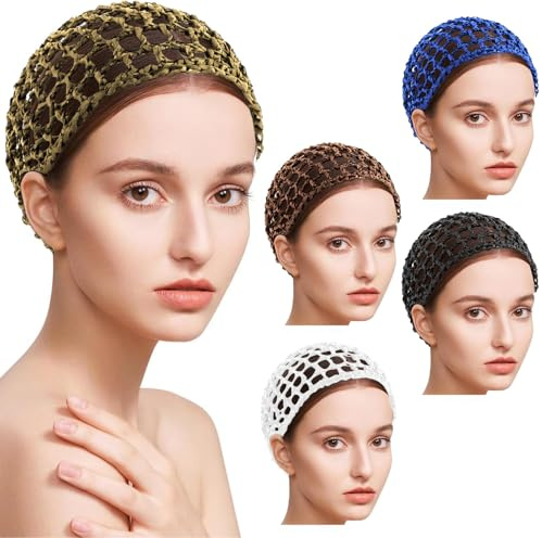 AUEAR, Netz-Häkelhaarnetz dickes kurzes Haarnetz Snoods Abdeckung Frauen Haarnetz zum Schlafen (5er-Pack, Mehrfarbig)