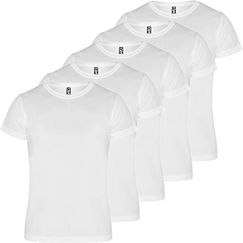 Camiseta técnica Hombre | Pack 5 | Tejido técnico para Deporte | Transpirable | Running, Fitness, Fútbol, Padel (Blanco, XL)