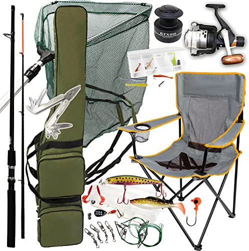 ANGELSET Forelle XXL | Spinn-Angel-Rute 2,40 Meter + Rolle + Rutentasche 155 cm + Kunst-Köderbox + Ersatzspule + Sehne + Unterfang- Kescher