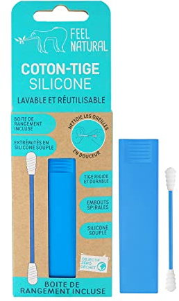 Baumwollstab aus Silikon, blau, wiederverwendbar, Feel Natural – sanfte Ohrreinigung für Erwachsene – Aufbewahrungsbox im Lieferumfang enthalten – steifer Schaft, waschbar – Biologisch abbaubare