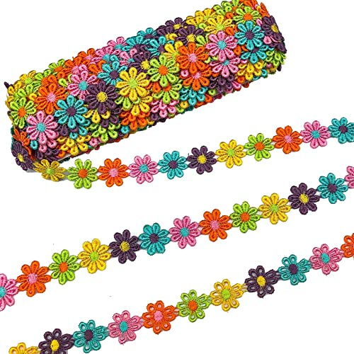 CENPEK Cinta de encaje de margaritas coloridas de 2,5 cm de ancho, diseño de margaritas, arcoíris, costura, manualidades, encaje para boda, decoración de novia, bricolaje, adornos de costura