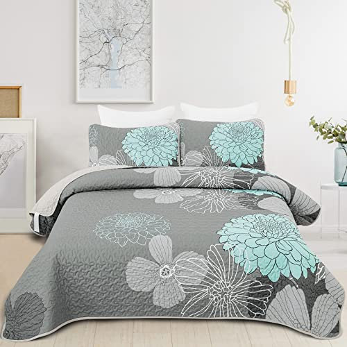 WONGS BEDDING Tagesdecke 220x240 Grün Blumen Bettüberwurf Weiche Sommerdecke Gesteppte Decke für Doppelbett Mikrofaser Bettdecke mit 2 Kissenbezug 48x75