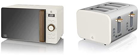 Swan 20L Nordic Digital LED Microwave, 6 Power Levels, Wood Effect Handle, 800W, Cotton White, SM22036LWHTN & ST14620WHTN, 4 Slice Nordic Toaste, 1500W, Cotton White